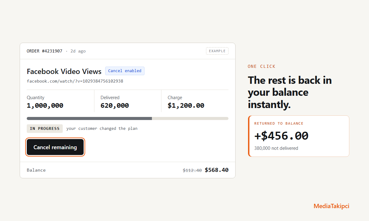 An order card for 1,000,000 Facebook video views. 620,000 delivered, status In progress, with a Cancel remaining button. The balance line shows the remaining amount returned to the balance.